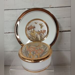 Vintage Keito Japanese Trinket Jar Set: 24KT Gold Lidded Jar & Plate